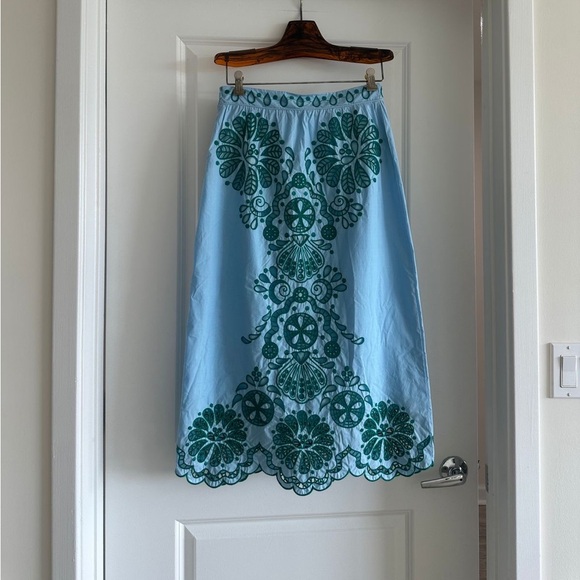 Farm Rio Light Blue And Green Graphic Richelieu Midi Skirt - Picture 9 of 9